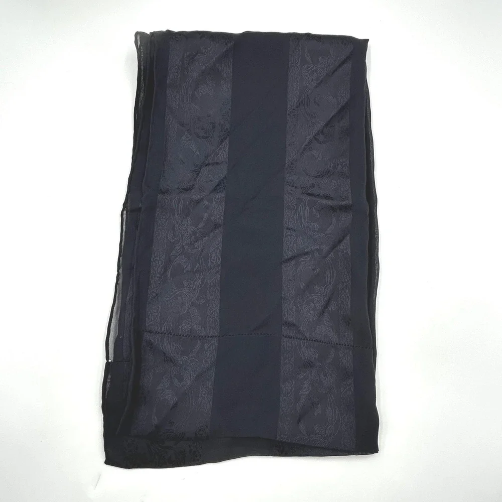 Liz Claiborne Scarf Black Women Silk Floral Damask Hemstitch EUC 54 x 17 in
